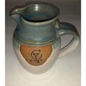 CCC Pottery Stoneware Pitcher Sea Blues Artist signed 44 fl oz 7.5"